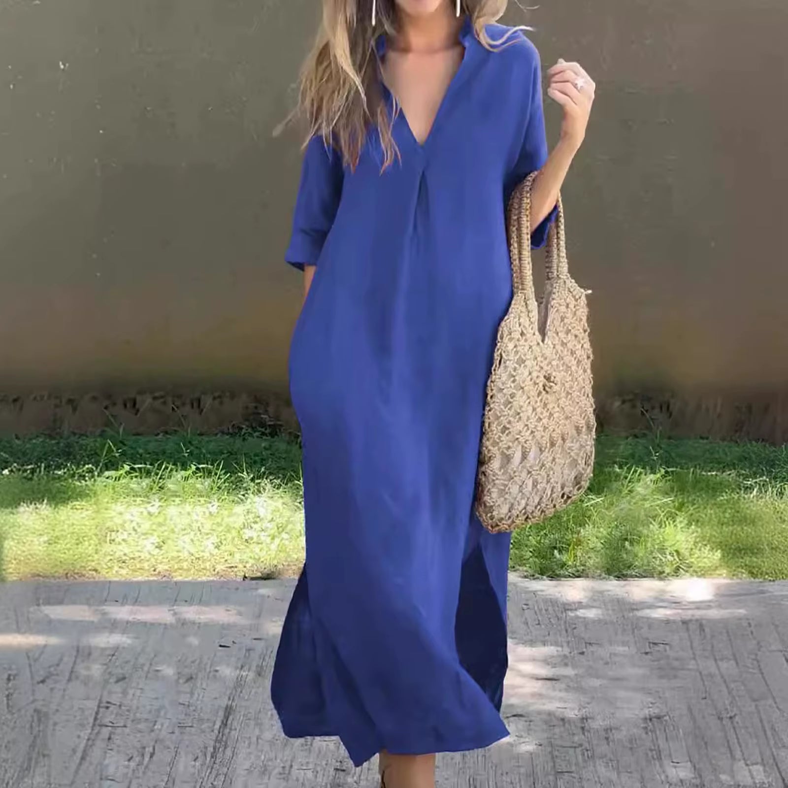 Breezy Elegance™ Summer Cotton Linen Dress – Casual V-Neck, Flowy Fit, Plus Size Comfort for Women